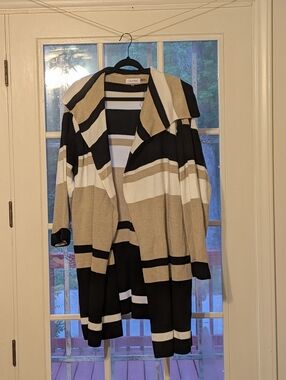 Calvin Klein Black Beige White Striped Open-Front Cardigan